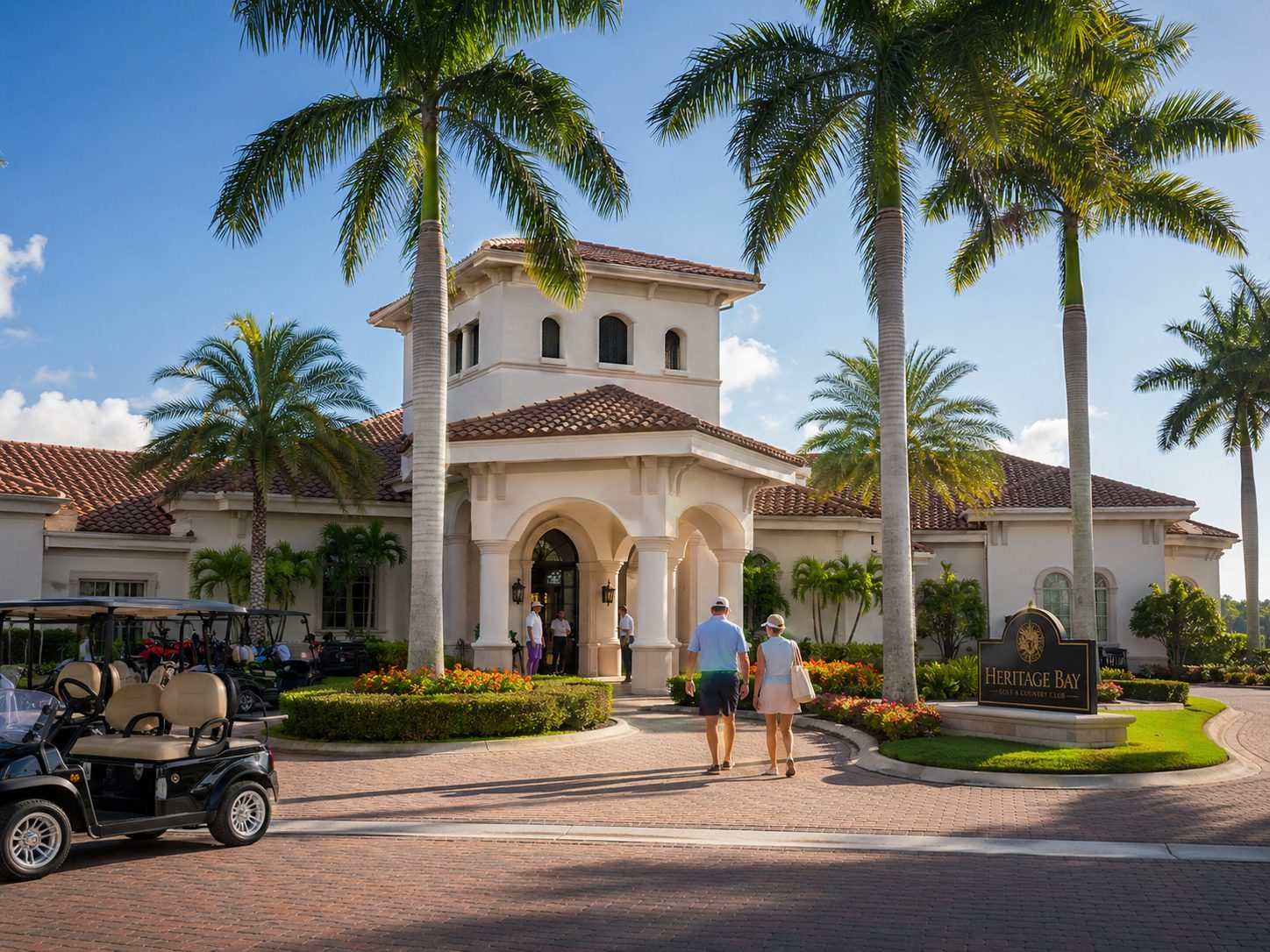 The Fairway Estates clubhouse entrance with golf carts at the porte cochère