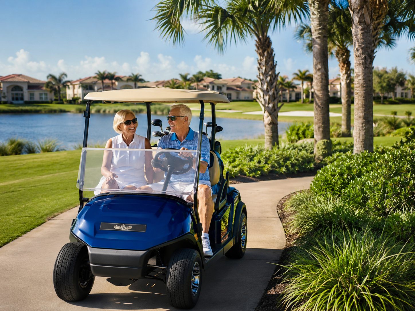 Residents riding a golf cart along the shaded Fairway Estates cart paths