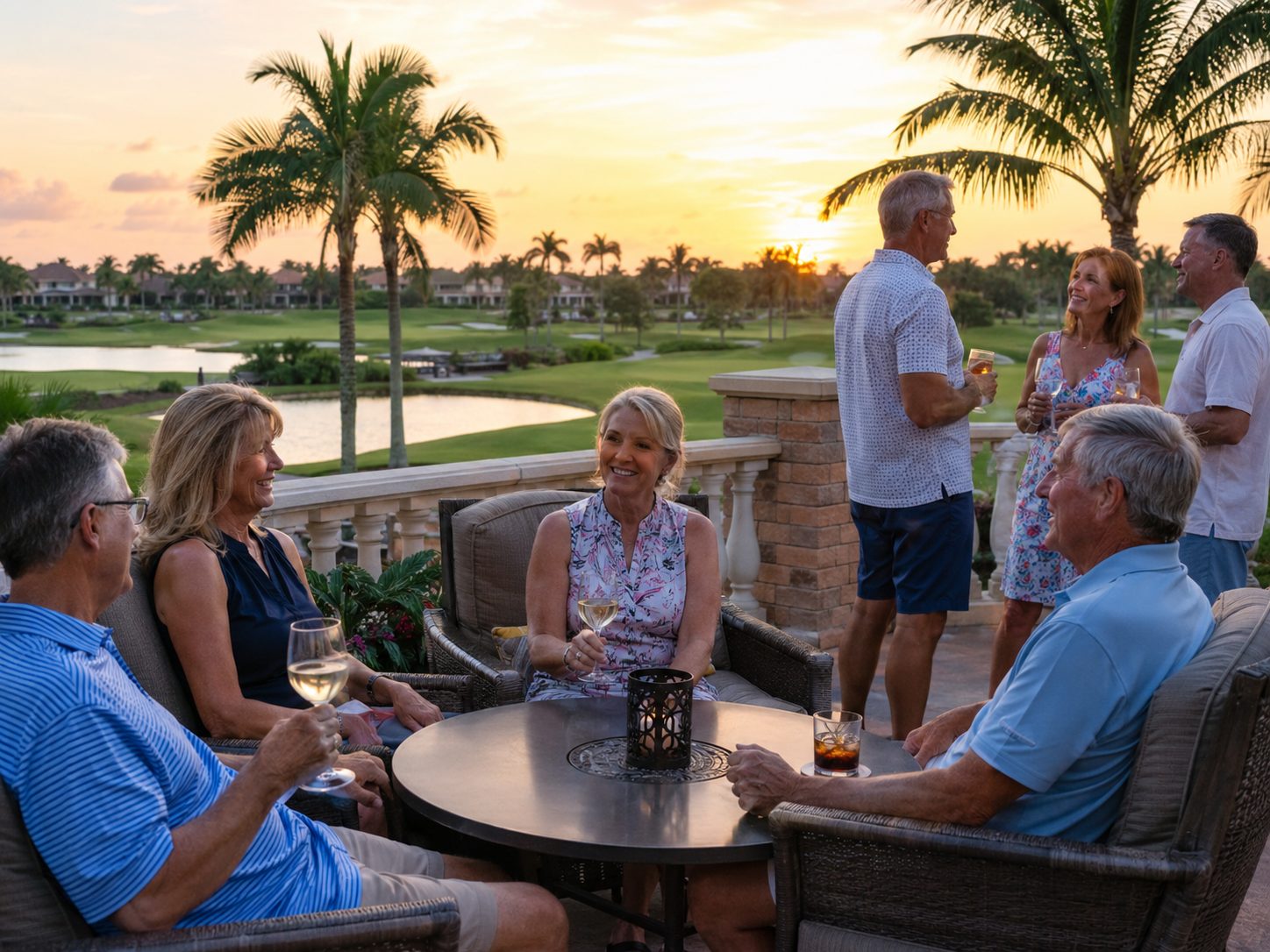 Neighbors sharing a sunset toast on the terrace overlooking the course
