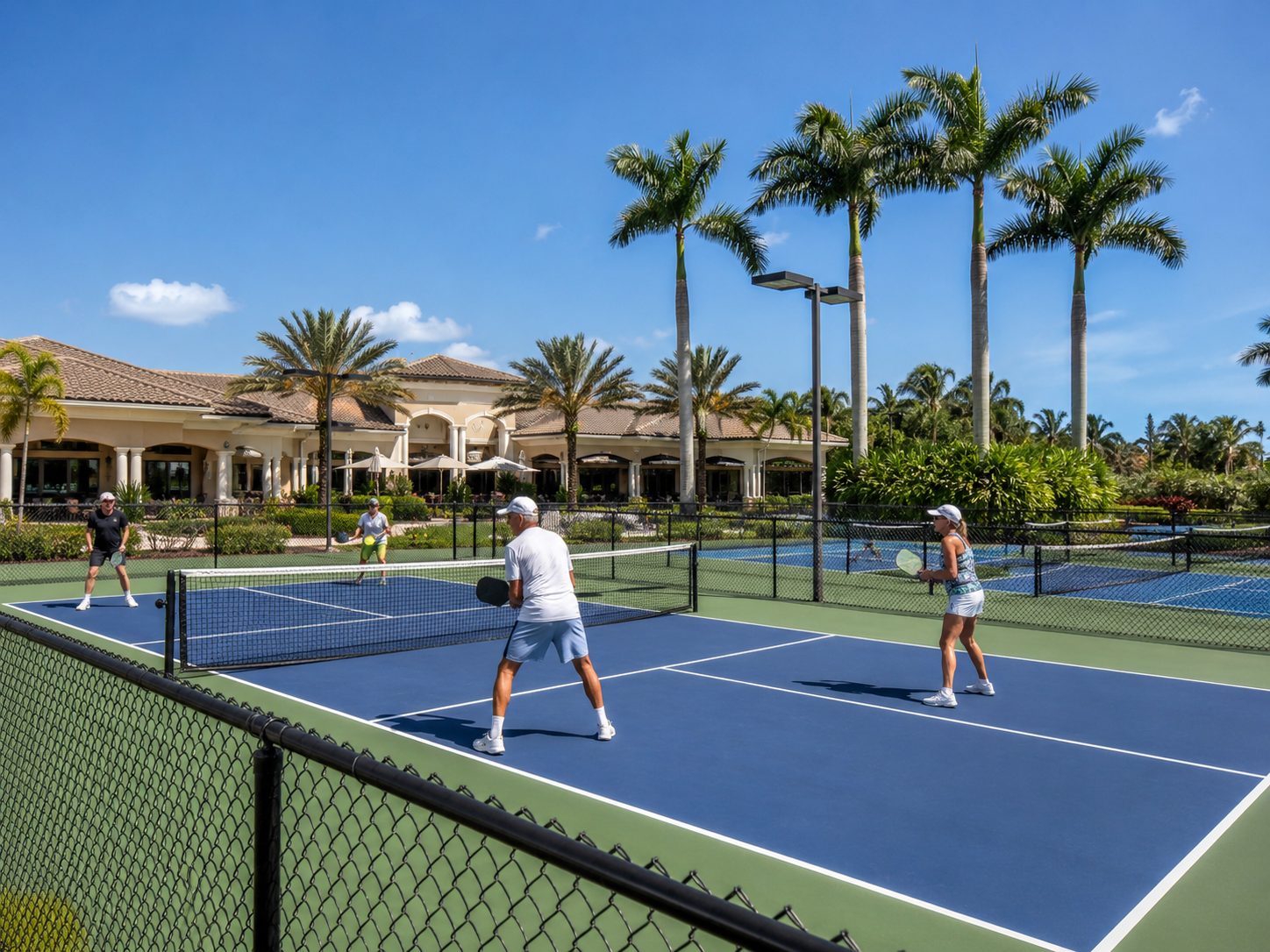 Pickleball and tennis courts at Fairway Estates with palms overhead
