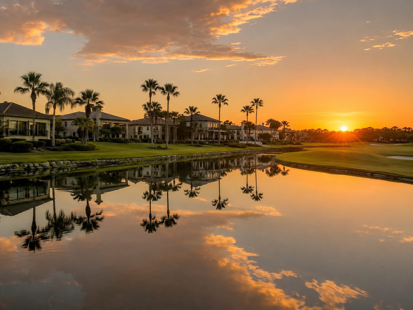 Sunset over the Fairway Estates lake with homes reflected along the fairway