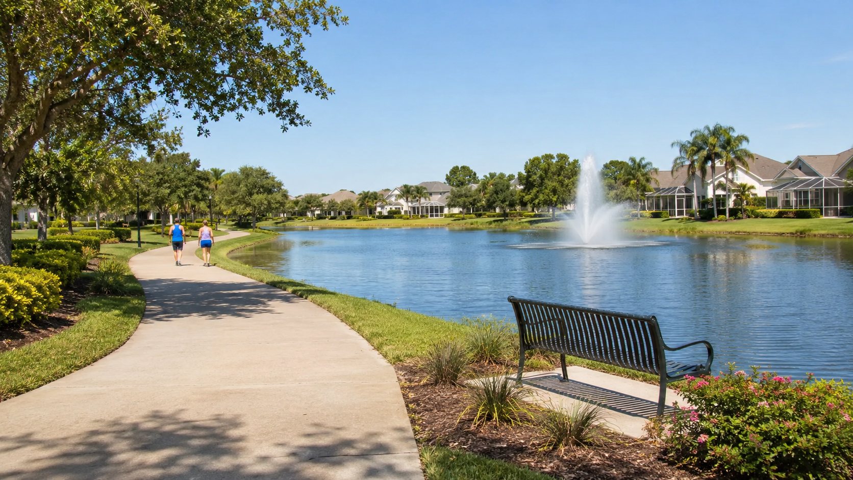 Sunterra Village lakeside walking path on a sunny Florida morning