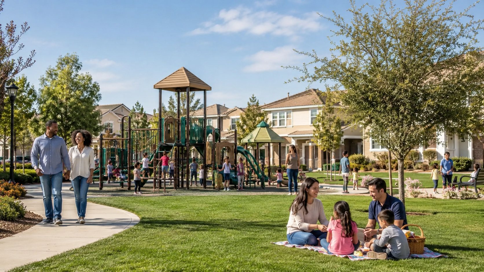Families enjoying community park with playground, green lawn and picnic area