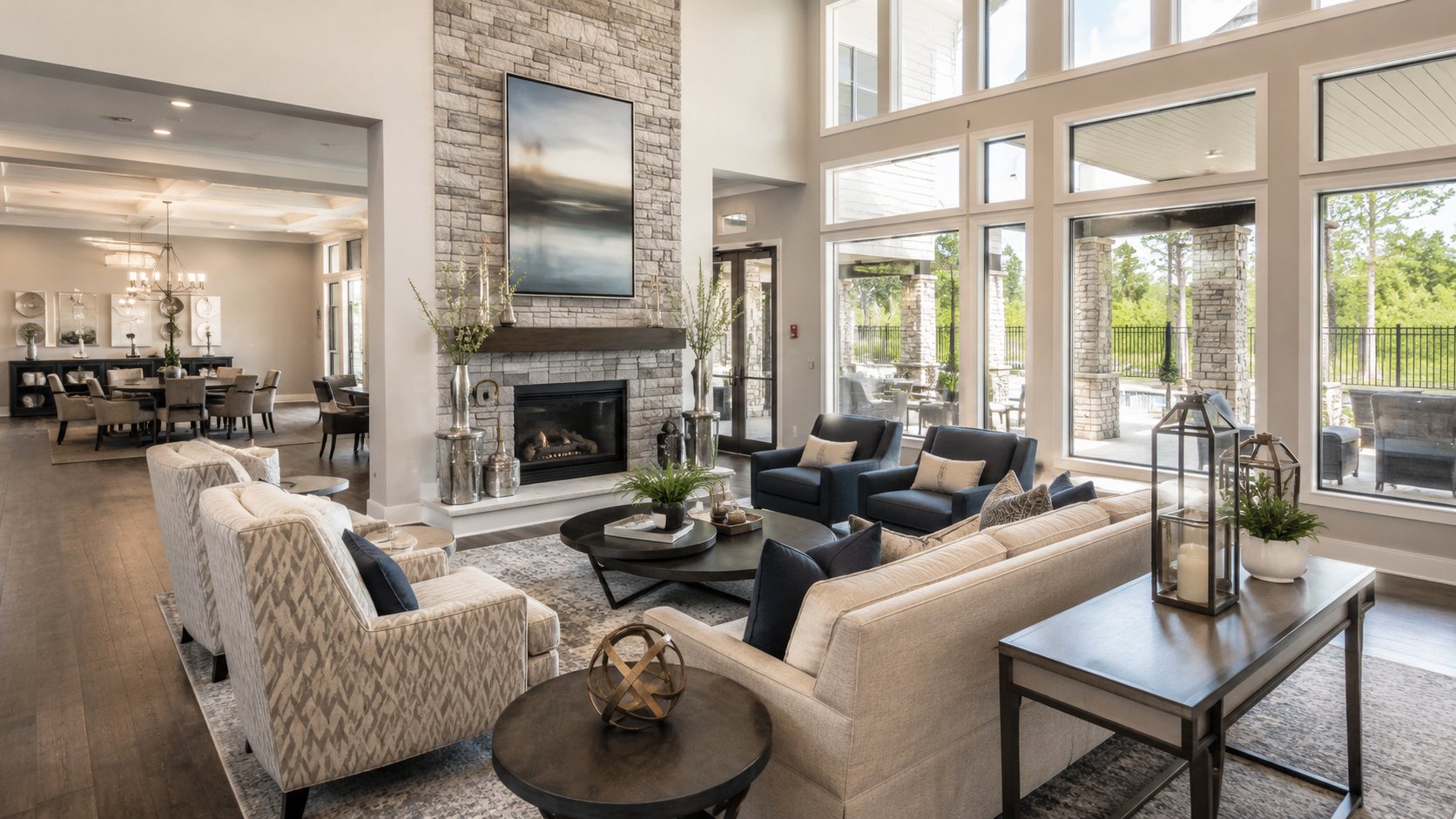 Sunterra Village grand clubhouse lounge interior with fireplace