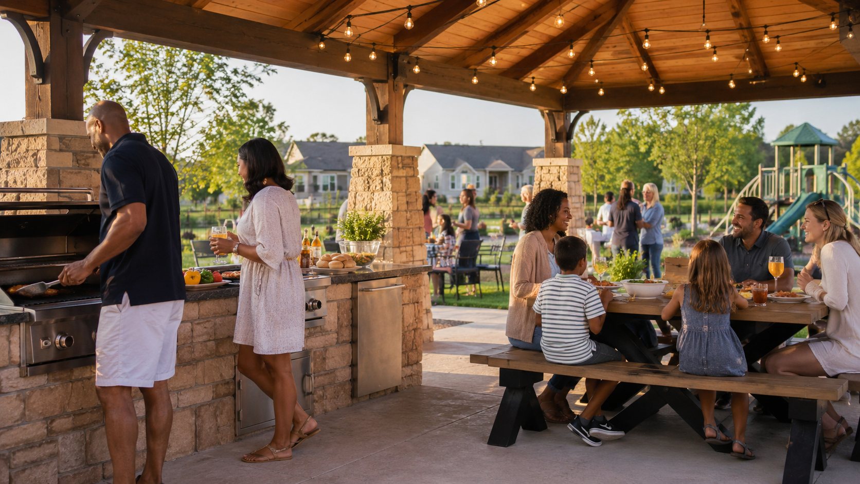 Outdoor pavilion with grill kitchen and families dining together in the evening