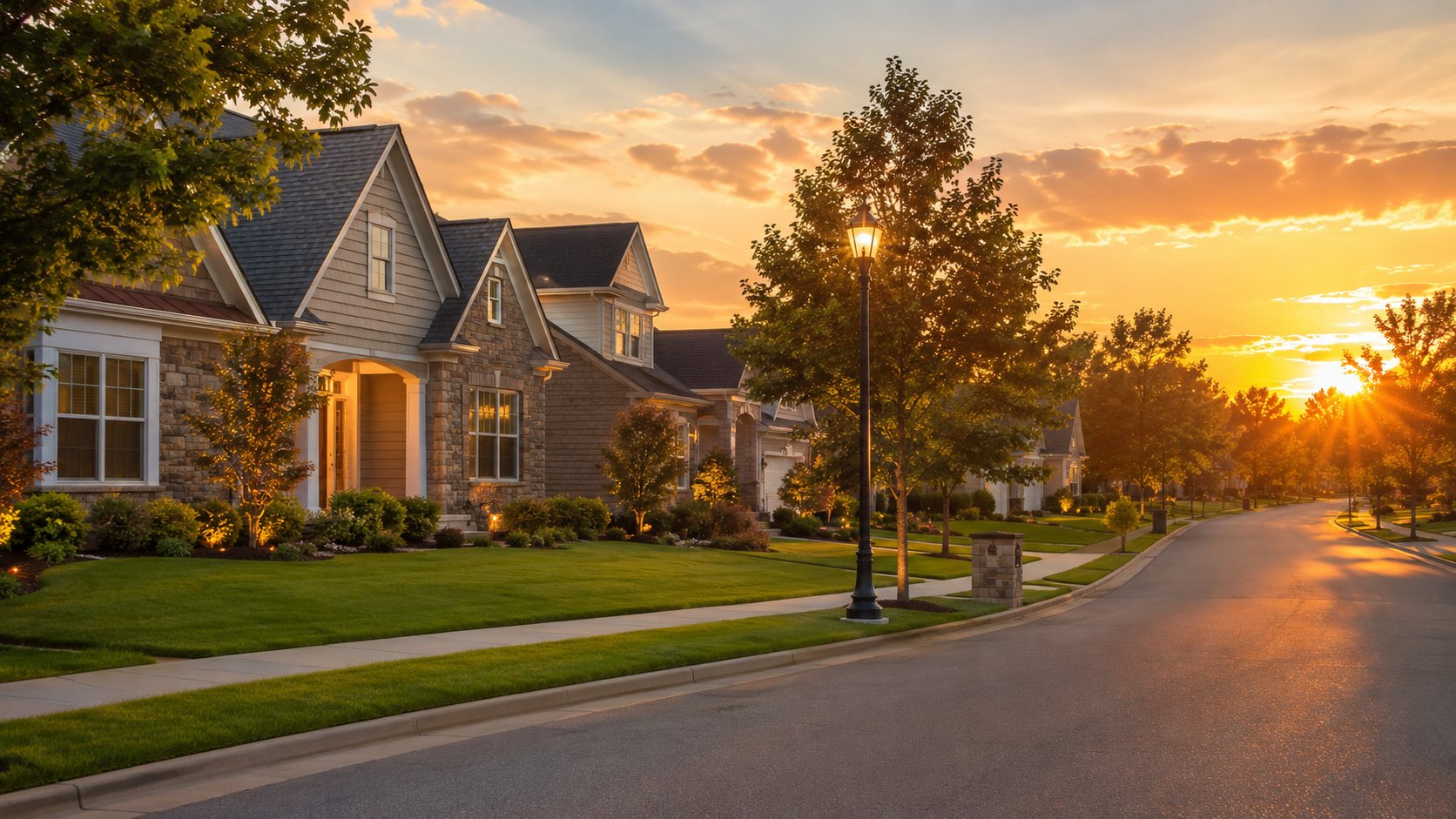 Sunterra Village homes at golden-hour sunset along a tree-lined street