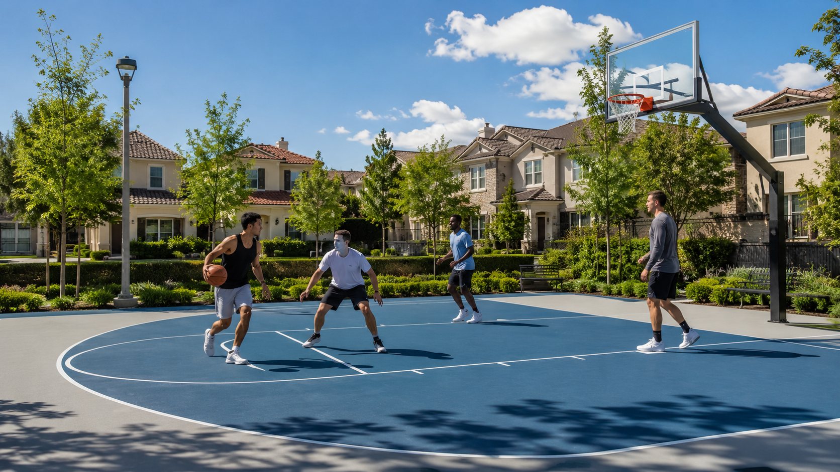 Residents playing basketball on the community court