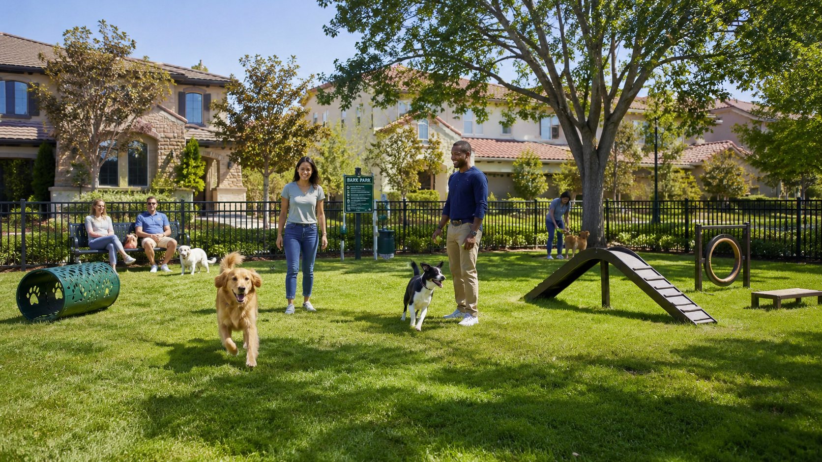 Fenced dog park with residents and dogs