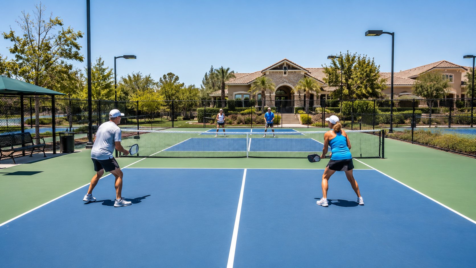 Residents playing pickleball on community courts with clubhouse visible in background