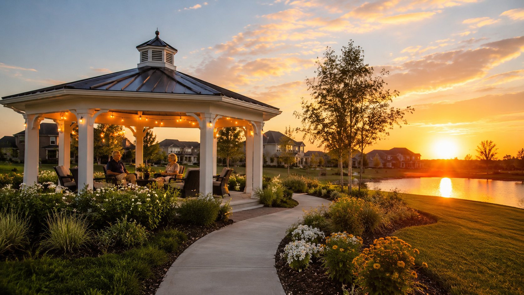 Gazebo at sunset by the community pond